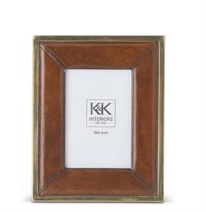 10 Inch Tan Leather Photo Frame with Gold Metal Trim (4x6)