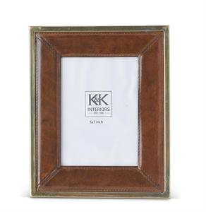 11 Inch Tan Leather Photo Frame with Gold Metal Trim (5x7)