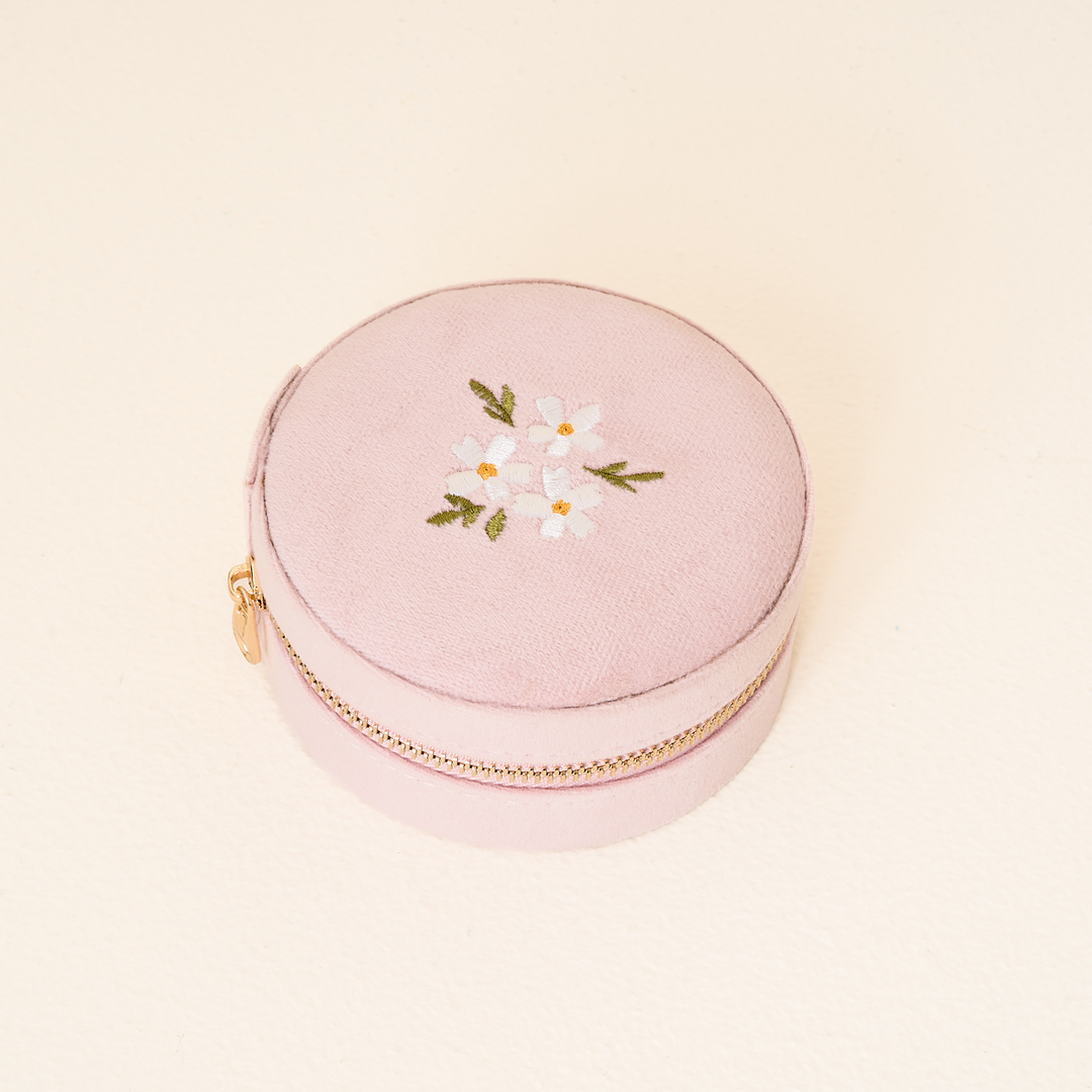 Round Velvet Jewelry Case - Floral Blush