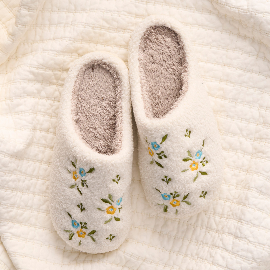 Fuzzy Slippers - Dainty Floral Blue + Yellow M/L
