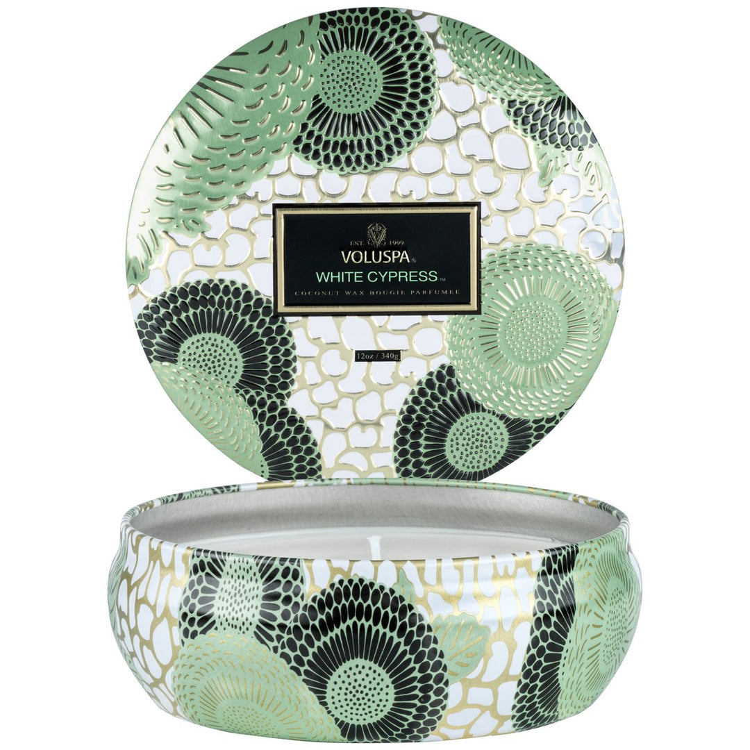 White Cypress - 3 Wick Candle In Decorative Tin