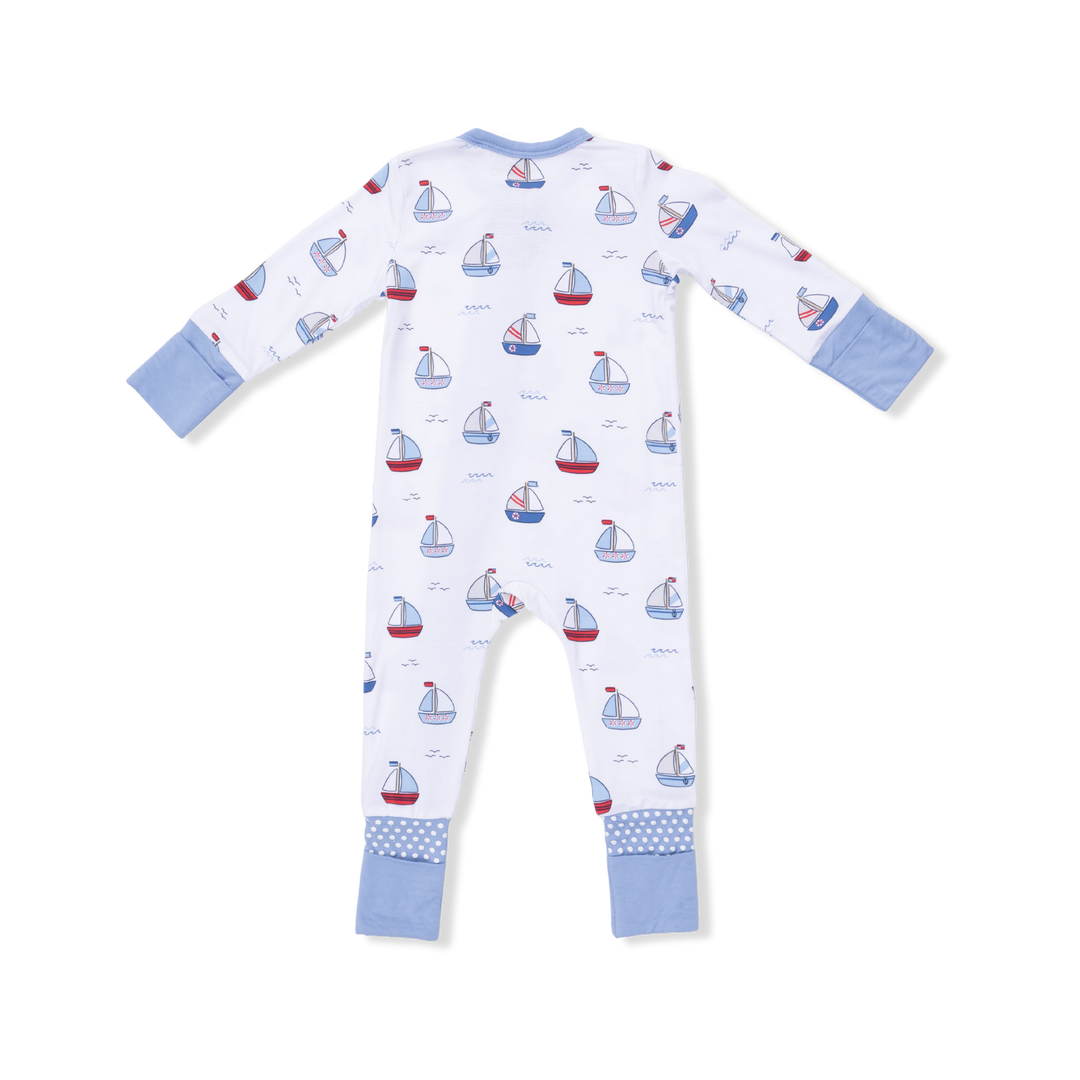 Bubbly Sailboats Blue Romper 6-12 Months