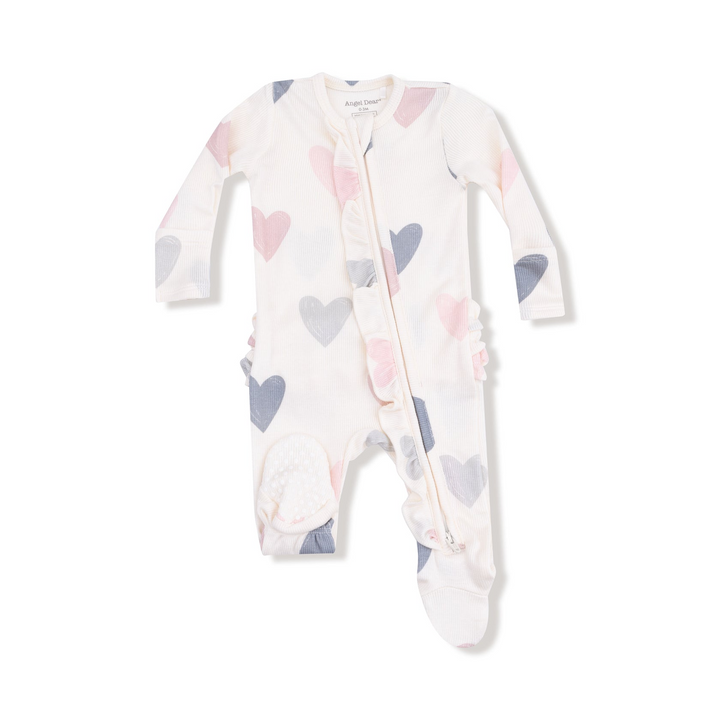 Hearts Modal Rib 2 Way Zipper Ruffle Back Footie