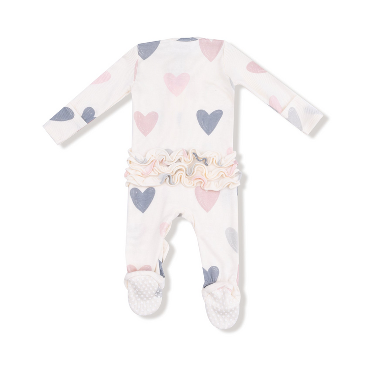 Hearts Modal Rib 2 Way Zipper Ruffle Back Footie