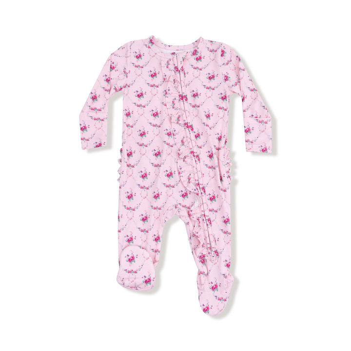 Rose Garden Trellis 2 Way Zipper Ruffle Back Footie