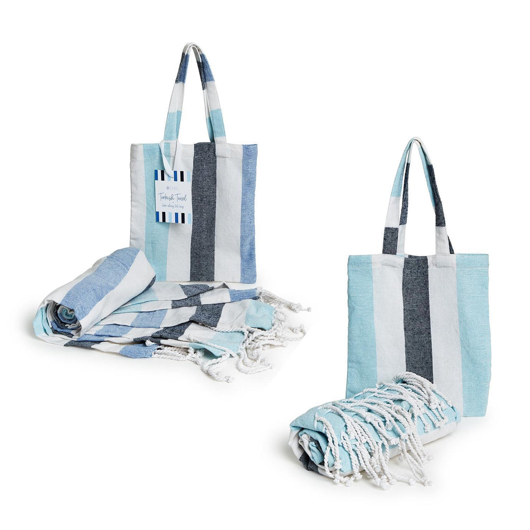 Blue Stripe Turkish Towel and Bag Set