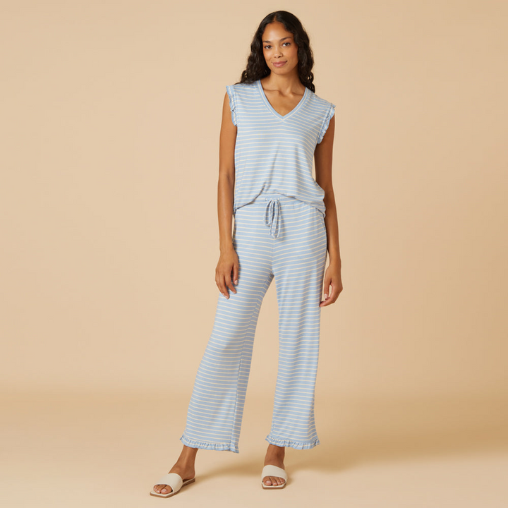 Dream Ruffle V-neck with Cropped Pant - Sky Blue Stripe (XS)