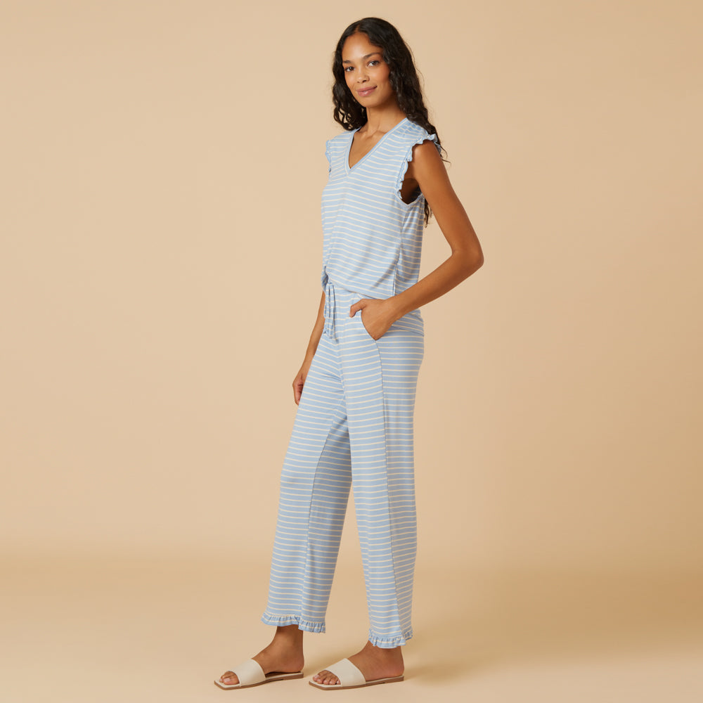 Dream Ruffle V-neck with Cropped Pant - Sky Blue Stripe (XS)