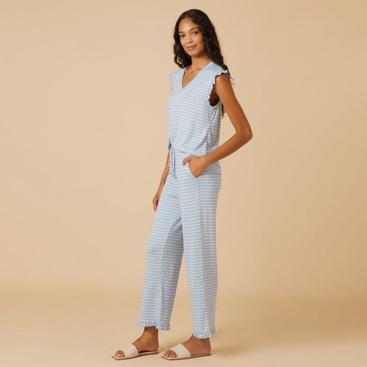 Dream Ruffle V-neck with Cropped Pant - Sky Blue Stripe (XS)