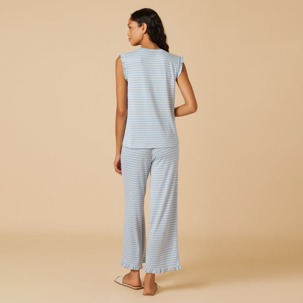 Dream Ruffle V-neck with Cropped Pant - Sky Blue Stripe (XS)