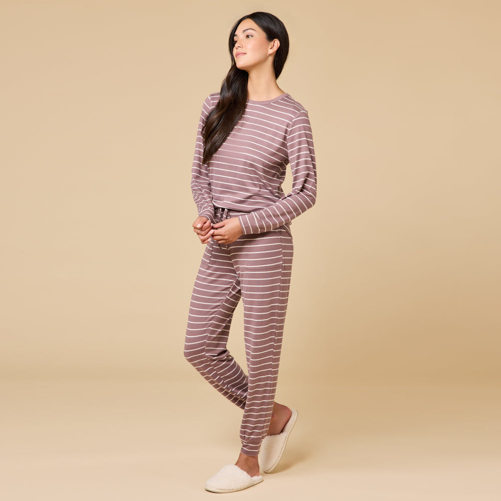 Dream Jersey Crew Neck Lounge Set - Driftwood Stripe (Large)