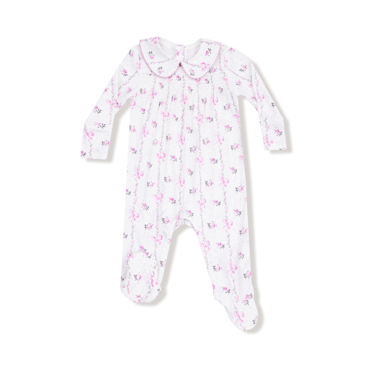 Dainty Buds And Bows Stripe Smocked Peter Pan Snap Footie