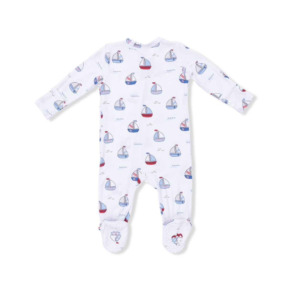 Bubbly Sailboats Blue 2 Way Zipper Footie