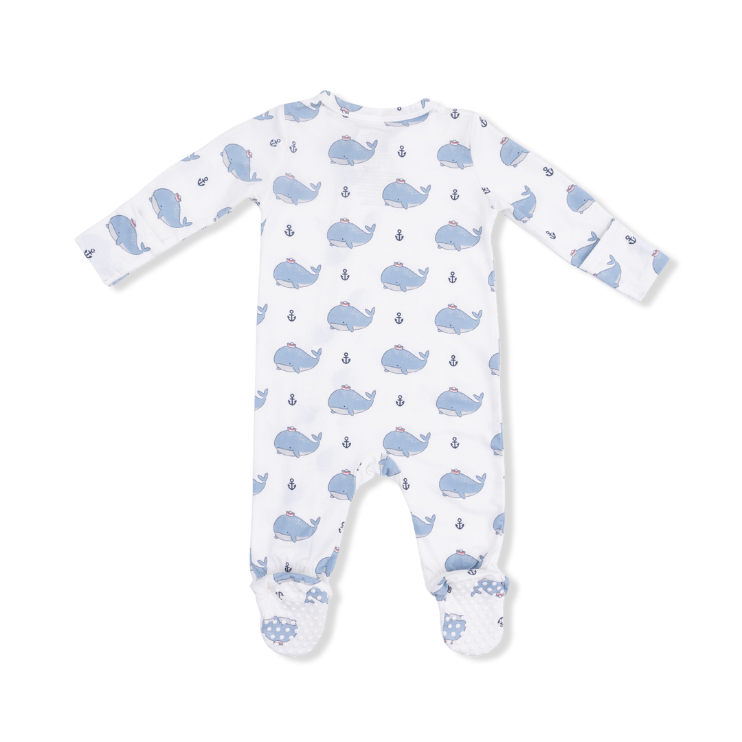 Bubbly Sailor Whales Blue 2 Way Zipper Footie