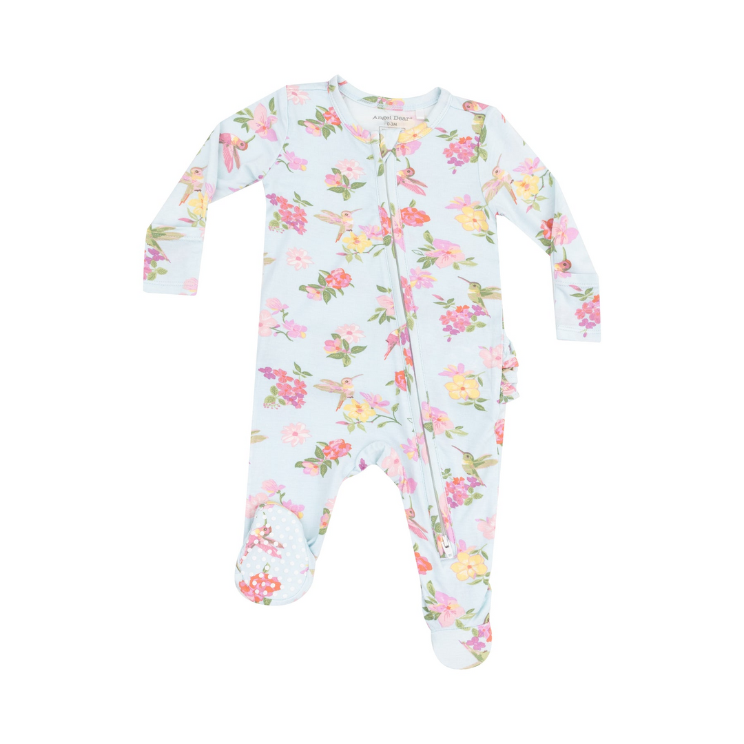 Cute Hummingbirds 2 Way Zipper Ruffle Back Footie