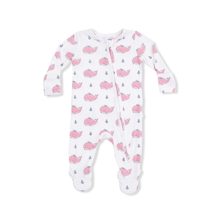 Bubbly Whale With Bow Pink 2 Way Ruffle Back Zipper Footie