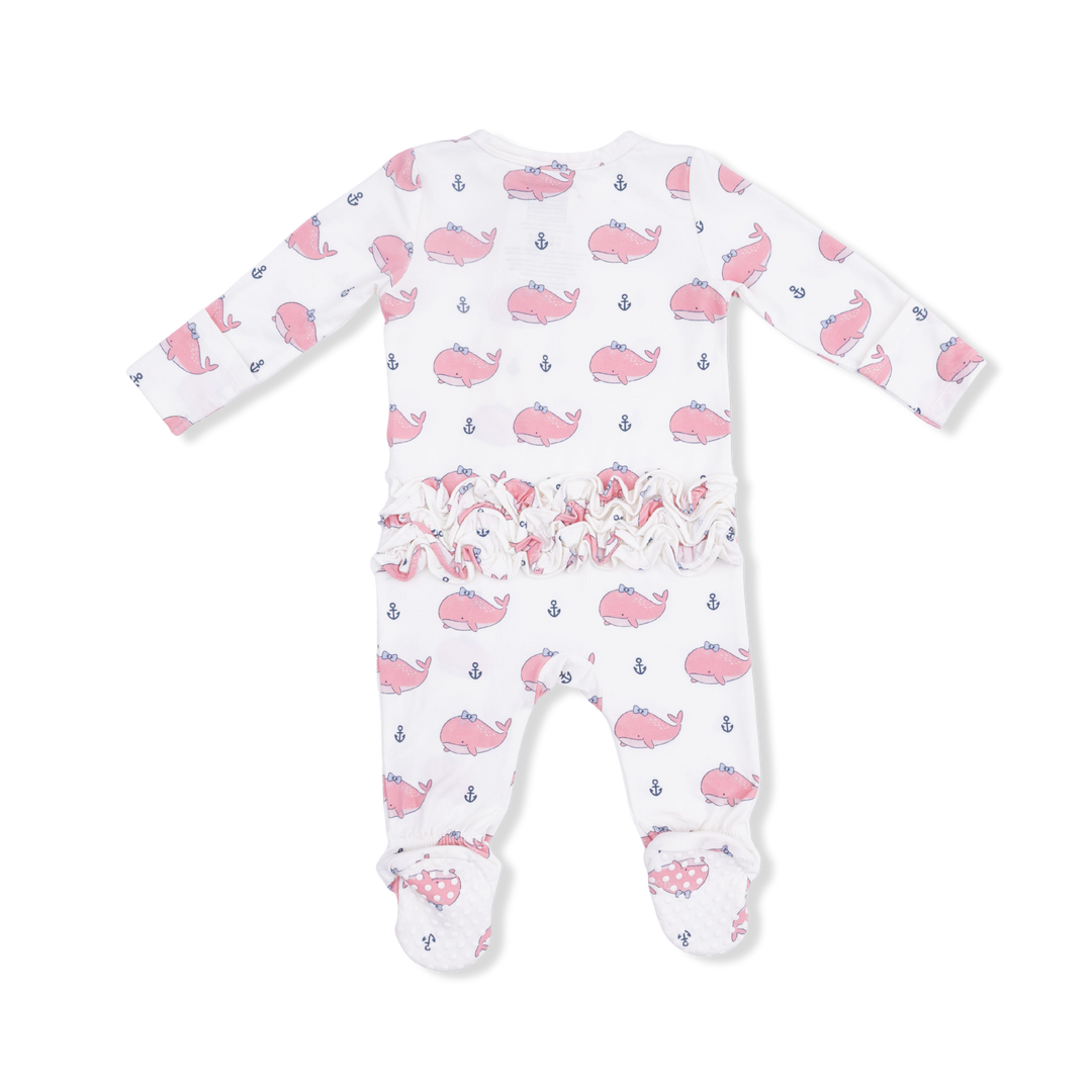 Bubbly Whale With Bow Pink 2 Way Ruffle Back Zipper Footie