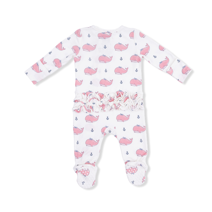 Bubbly Whale With Bow Pink 2 Way Ruffle Back Zipper Footie