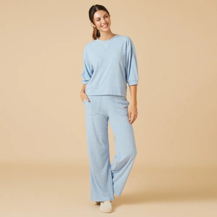 Terry Cropped Sleeve Crew Neck with Wide Leg Pant - Heather Sky Blue (Small)