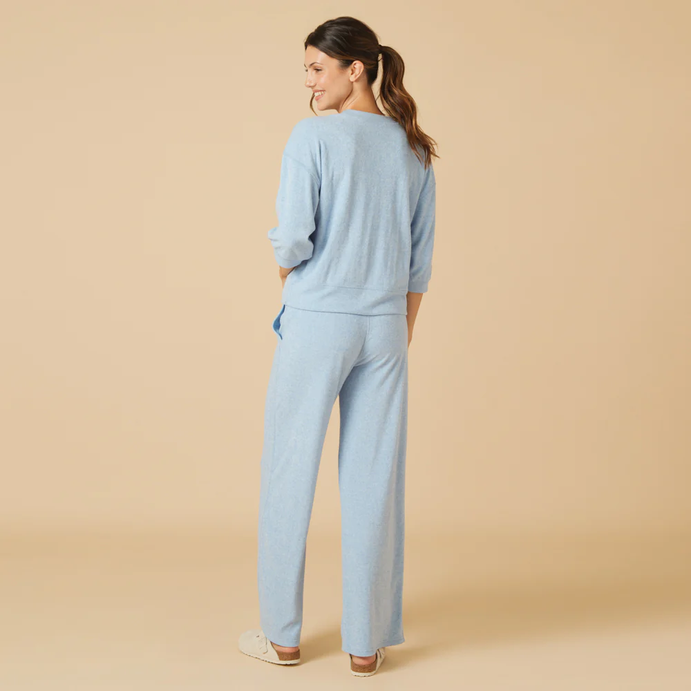 Terry Cropped Sleeve Crew Neck with Wide Leg Pant - Heather Sky Blue (Small)