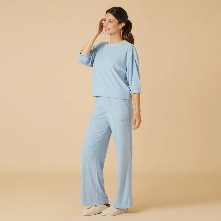 Terry Cropped Sleeve Crew Neck with Wide Leg Pant - Heather Sky Blue (Small)