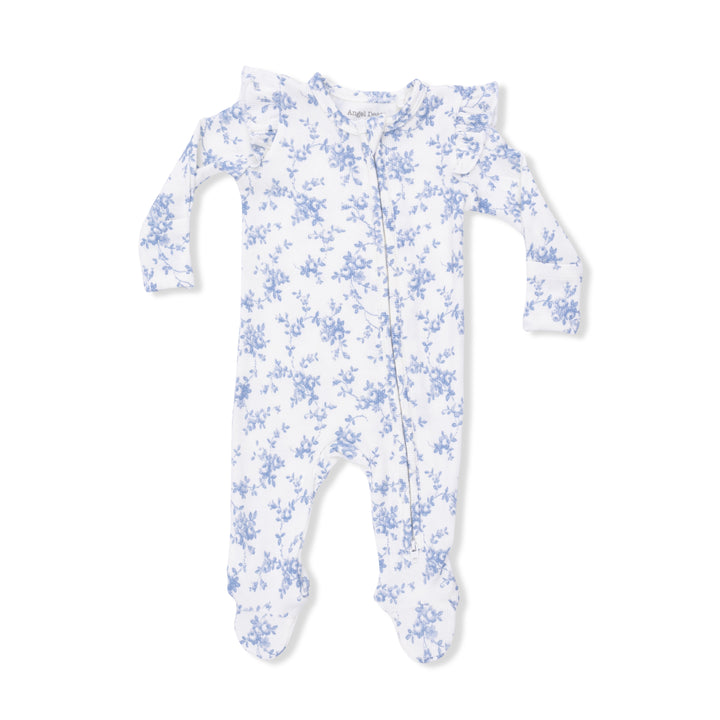Baby Blue Vines Floral 2 Way Ruffle Sleeve Zipper Footie