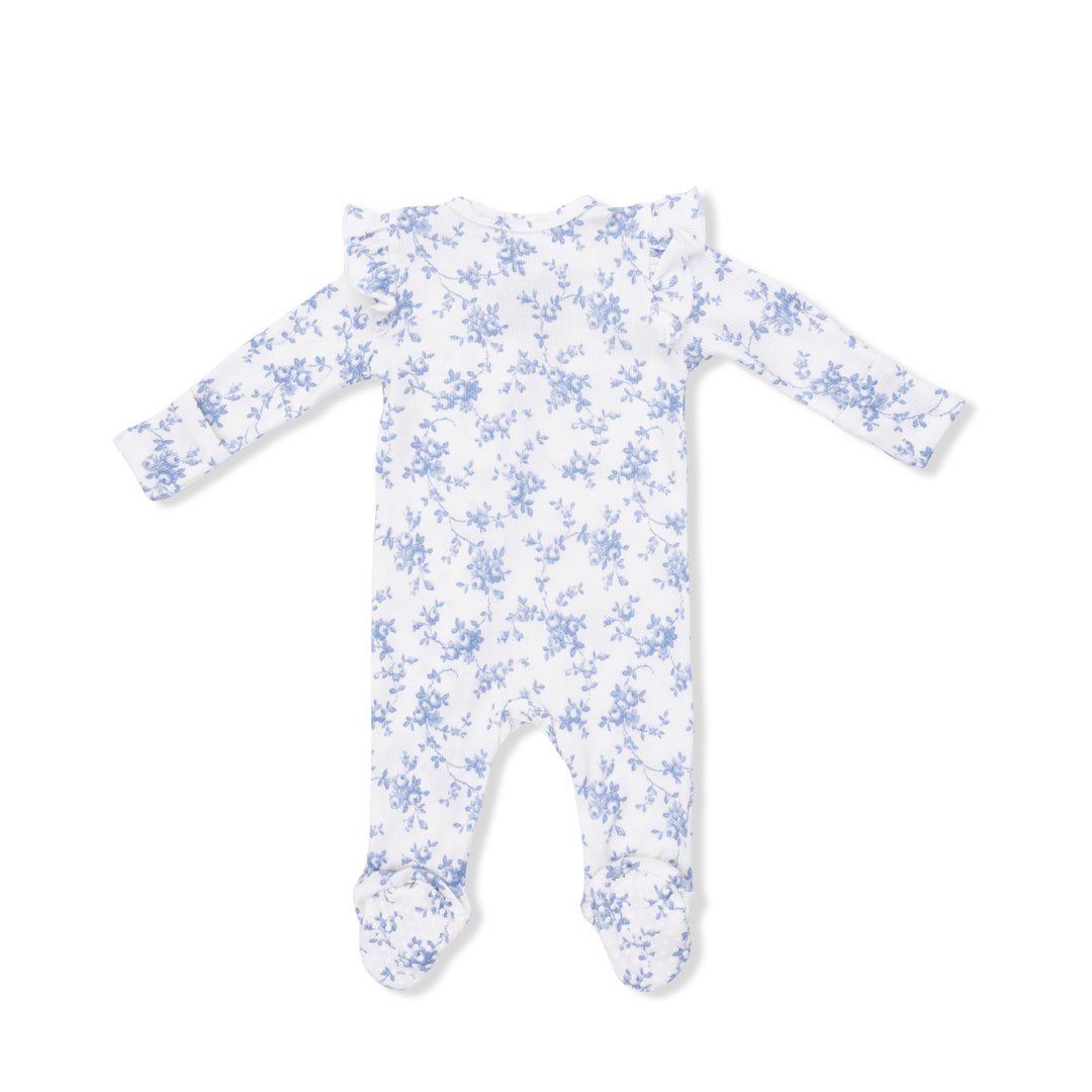 Baby Blue Vines Floral 2 Way Ruffle Sleeve Zipper Footie