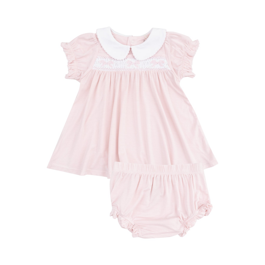 Solid Classic Pink Smocked Peterpan Collar Dress And Ruffle Leg Bloomer