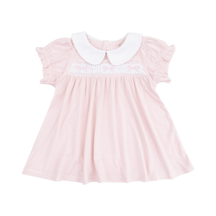 Solid Classic Pink Smocked Peterpan Collar Dress And Ruffle Leg Bloomer