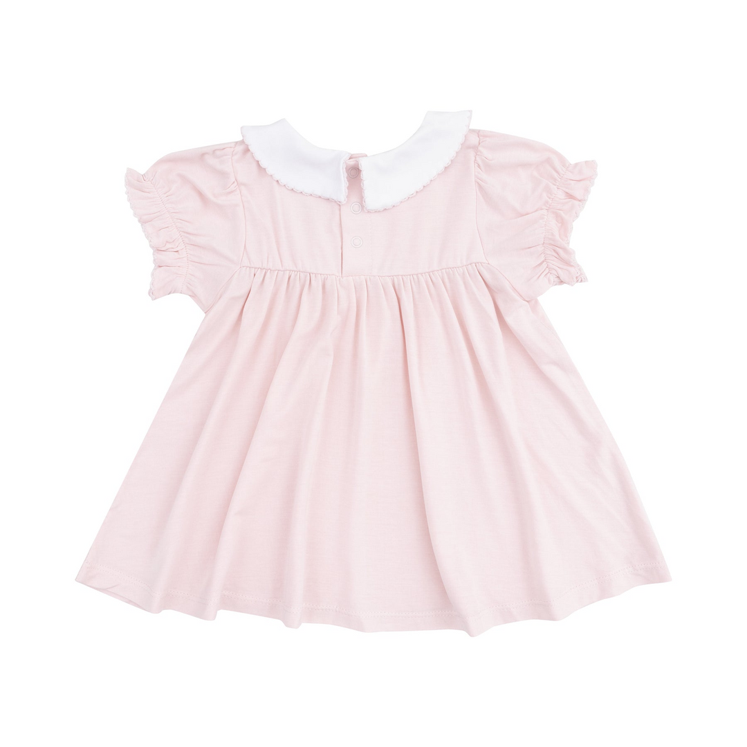 Solid Classic Pink Smocked Peterpan Collar Dress And Ruffle Leg Bloomer