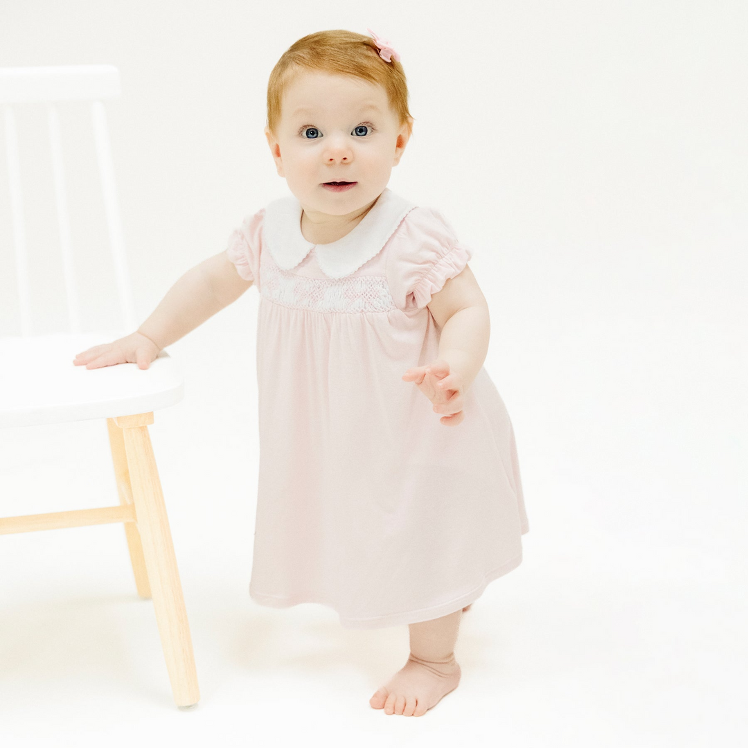 Solid Classic Pink Smocked Peterpan Collar Dress And Ruffle Leg Bloomer