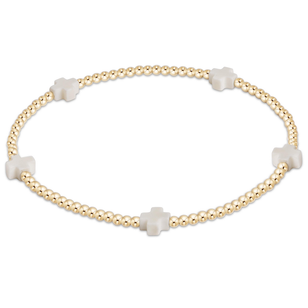 Signature Cross Small Gold Pattern 2mm Bead Bracelet - Off-White