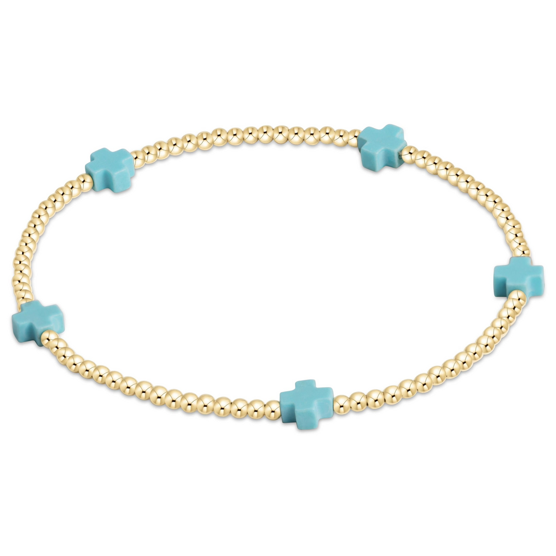 Signature Cross Small Gold Pattern 2mm Bead Bracelet - Turquoise