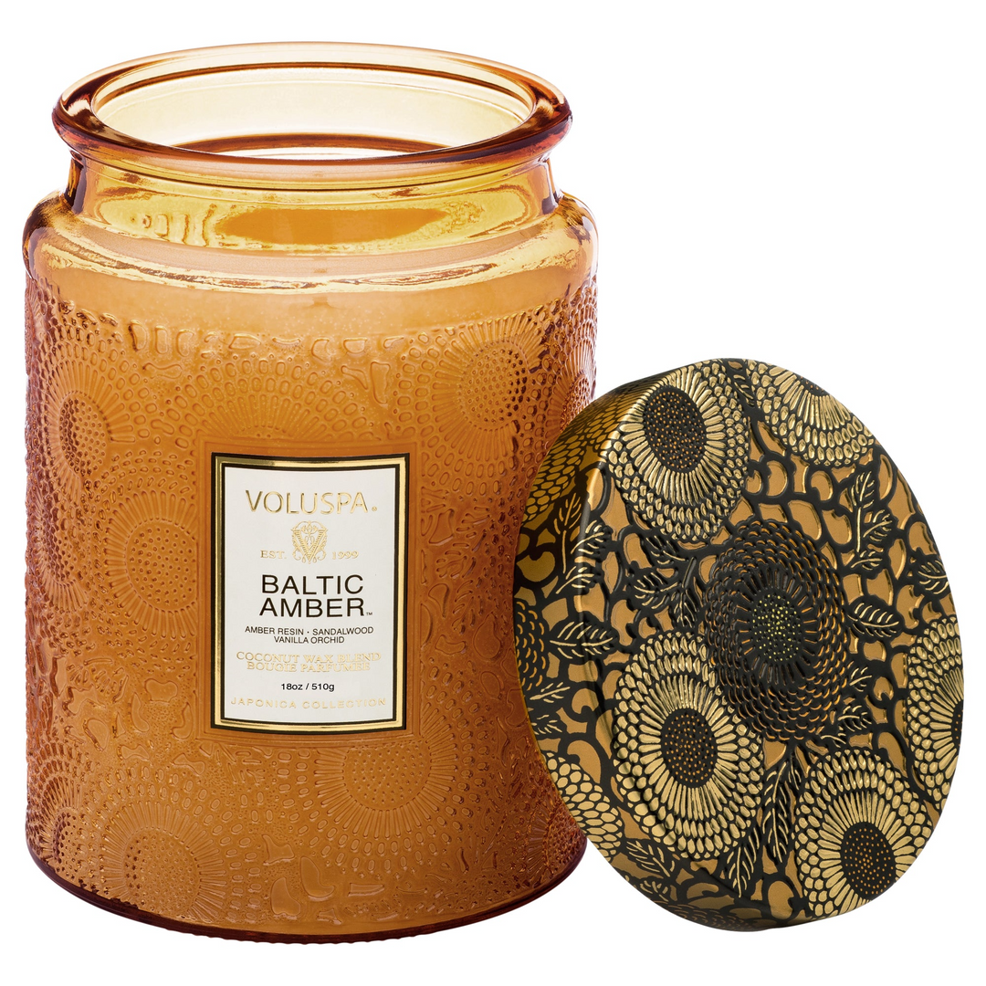 Baltic Amber - Large Embossed Glass Candle With Lid