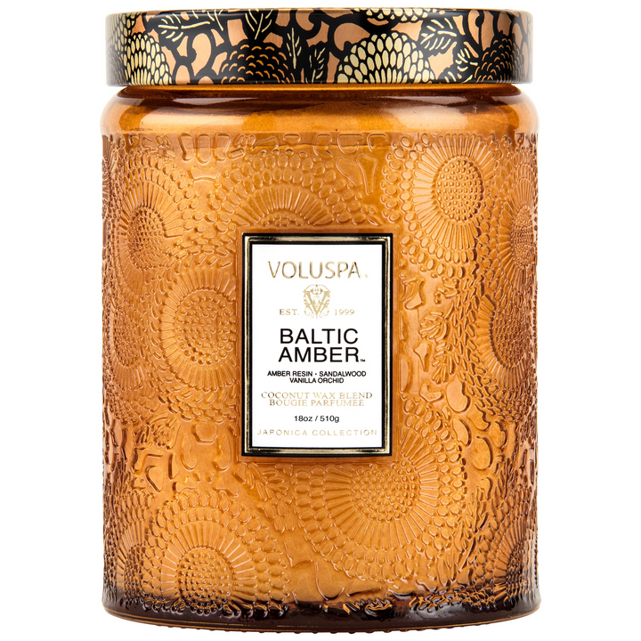 Baltic Amber - Large Embossed Glass Candle With Lid