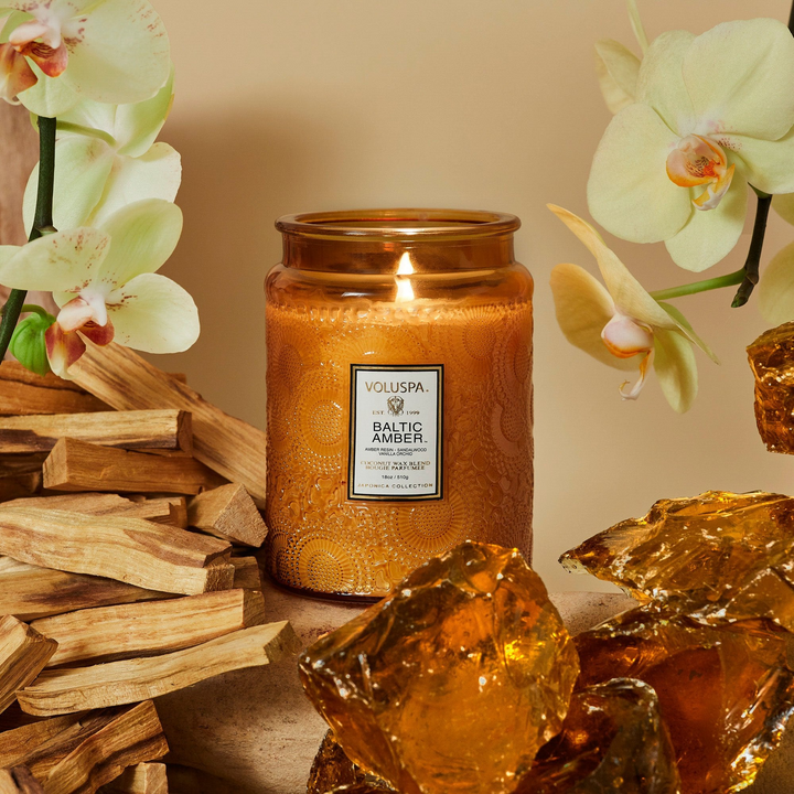 Baltic Amber - Large Embossed Glass Candle With Lid