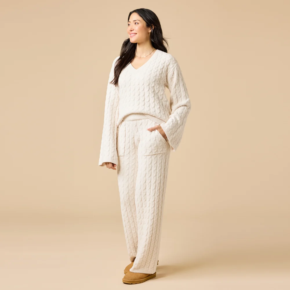 Cable Knit Marshmallow V-Neck with Flared Sleeve and Pant - Almond (Medium)
