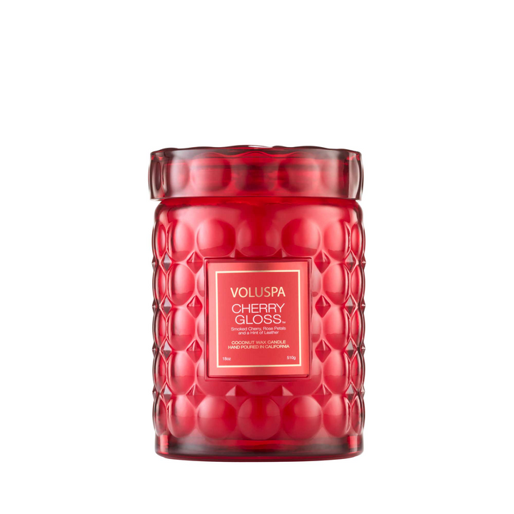 Cherry Gloss - Large Embossed Glass Candle With Lid