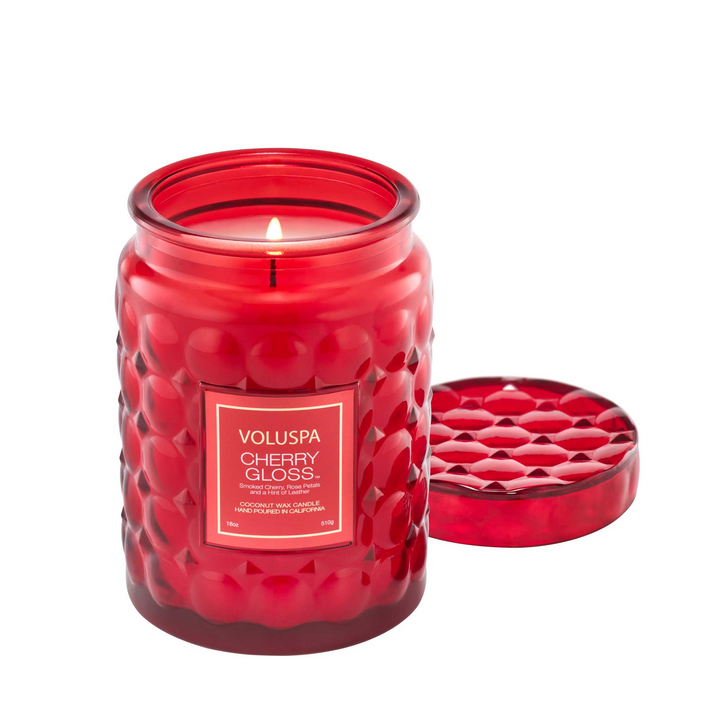 Cherry Gloss - Large Embossed Glass Candle With Lid