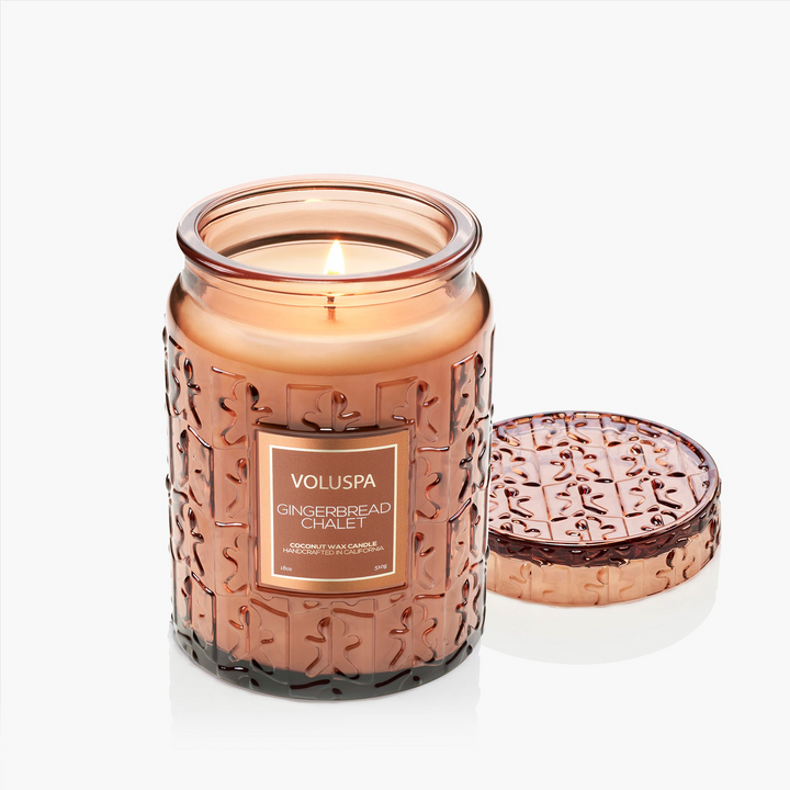 Gingerbread Chalet - Large Embossed Glass Candle With Lid