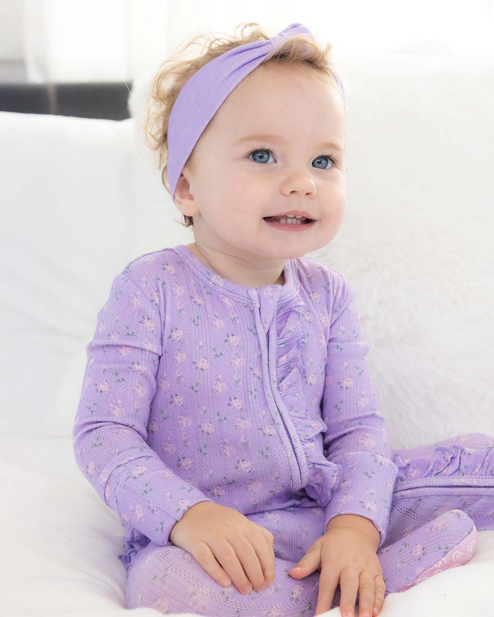 Lila Pointelle Ruffled Zippered Footie