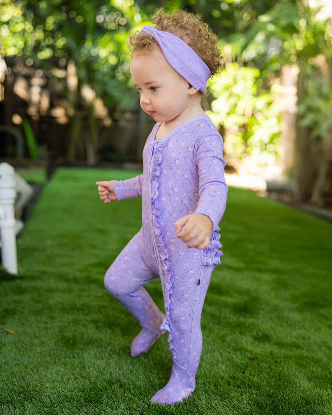 Lila Pointelle Ruffled Zippered Footie