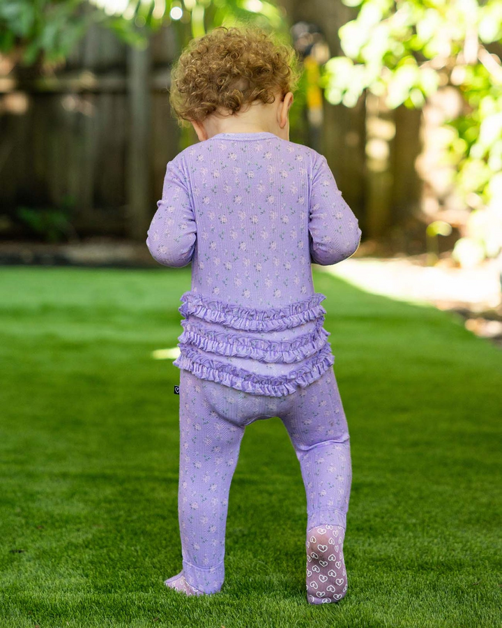 Lila Pointelle Ruffled Zippered Footie