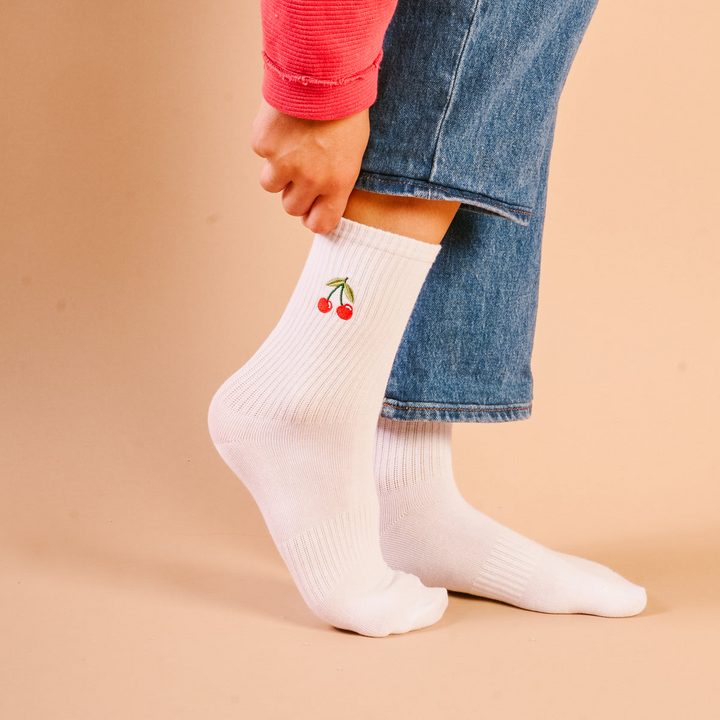 Embroidered Crew Socks - Cherries