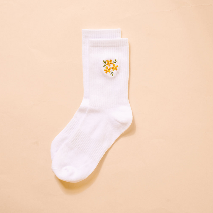 Embroidered Crew Socks - Floral Yellow