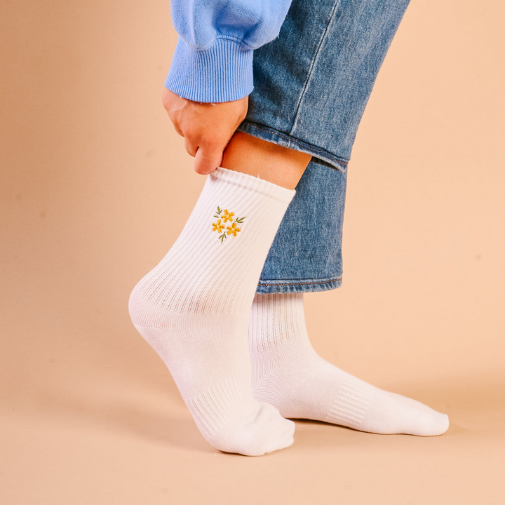 Embroidered Crew Socks - Floral Yellow