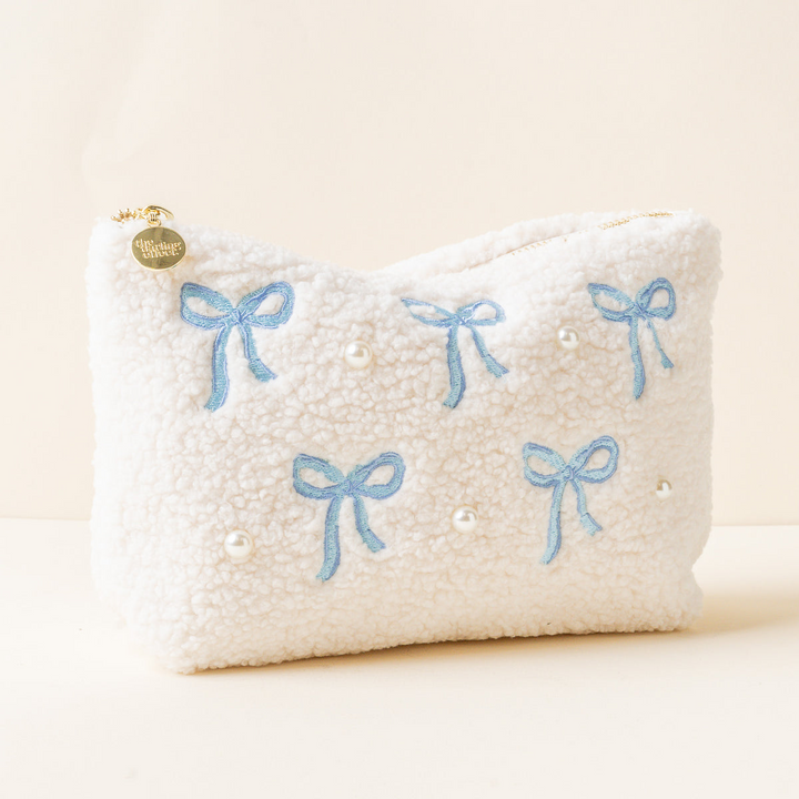 Cream Teddy Pouch - Bows Blue