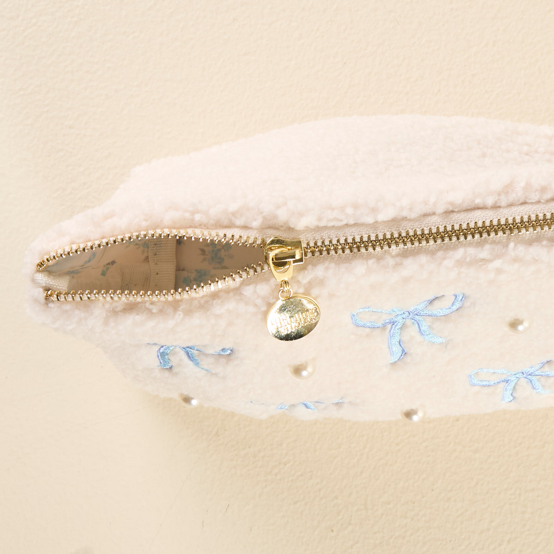 Cream Teddy Pouch - Bows Blue
