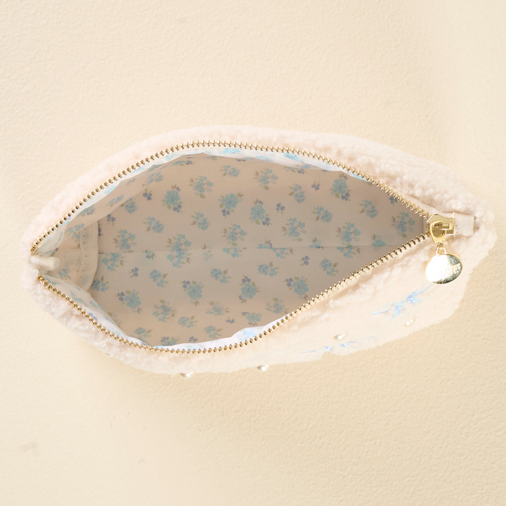 Cream Teddy Pouch - Bows Blue