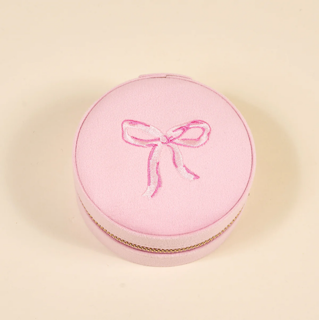 Round Velvet Jewelry Case - Bow Pink